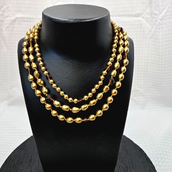 Vintage Monet Triple Strand Toggle Necklace - Champagne - Picture 2 of 7